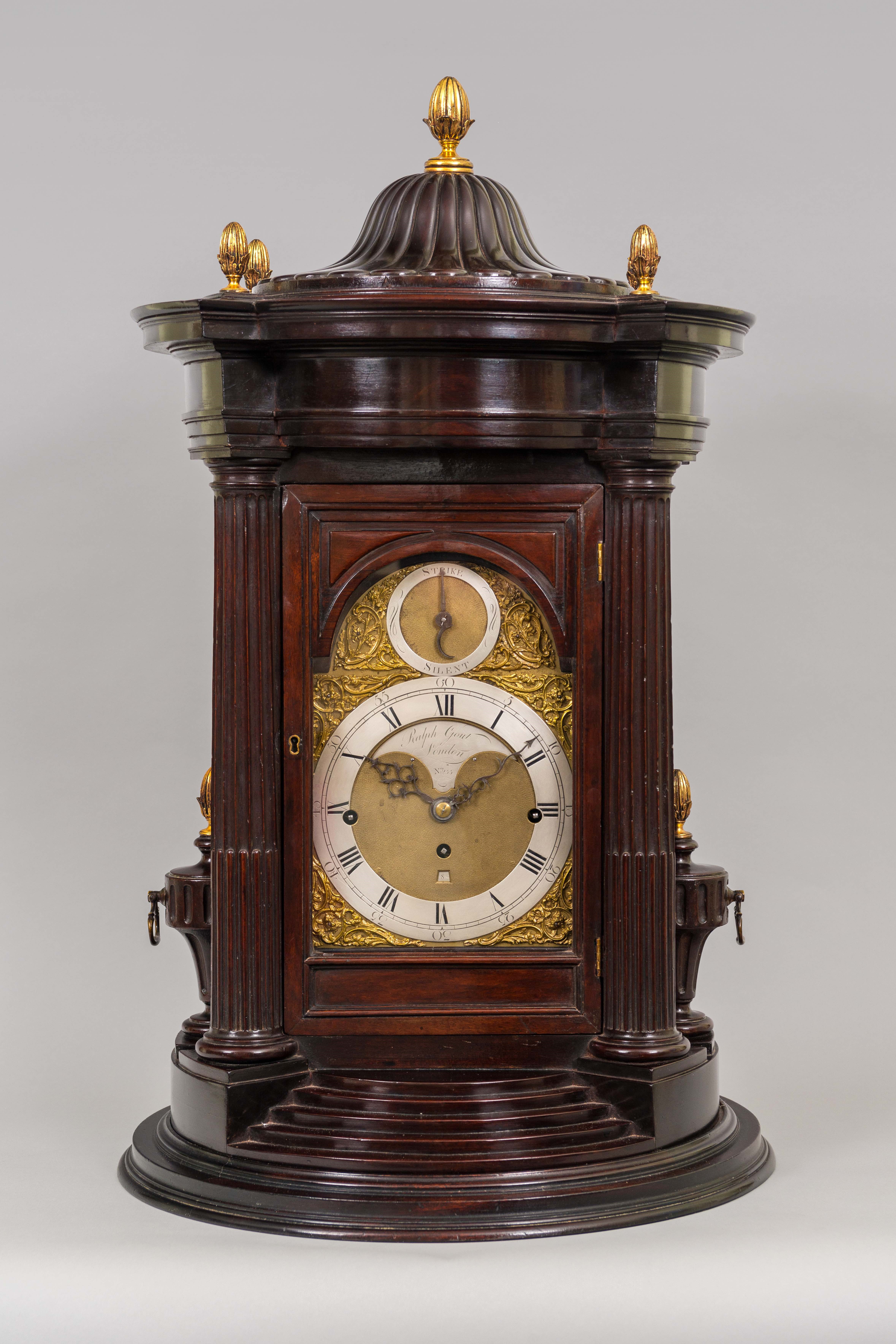 18TH CENTURY ANTIQUE MAHOGANY MUSICAL TABLE CLOCK BY RALPH GOUT OF LONDON